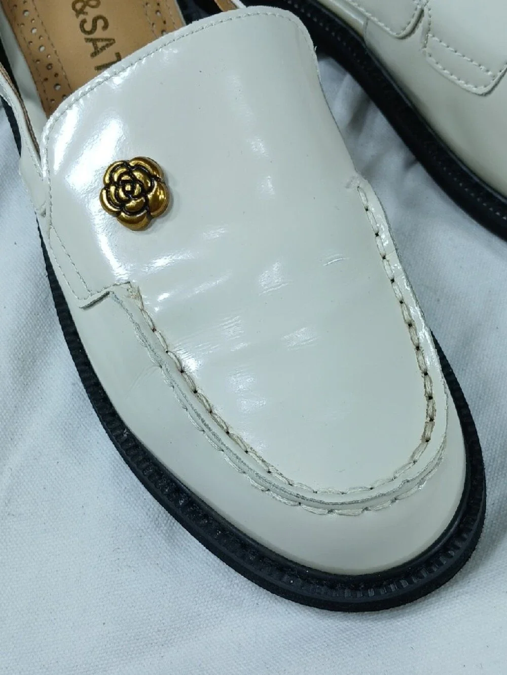 Girls' Cream Patent Slingback Loafers with Gold Rose Accent